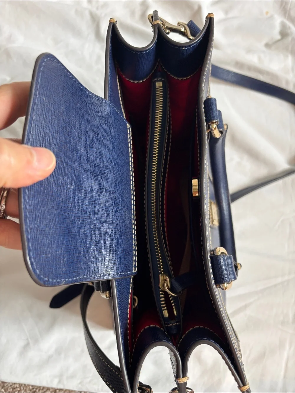 Dooney & Bourke Structured Navy Leather Top-Handle Tote with Gold Accent